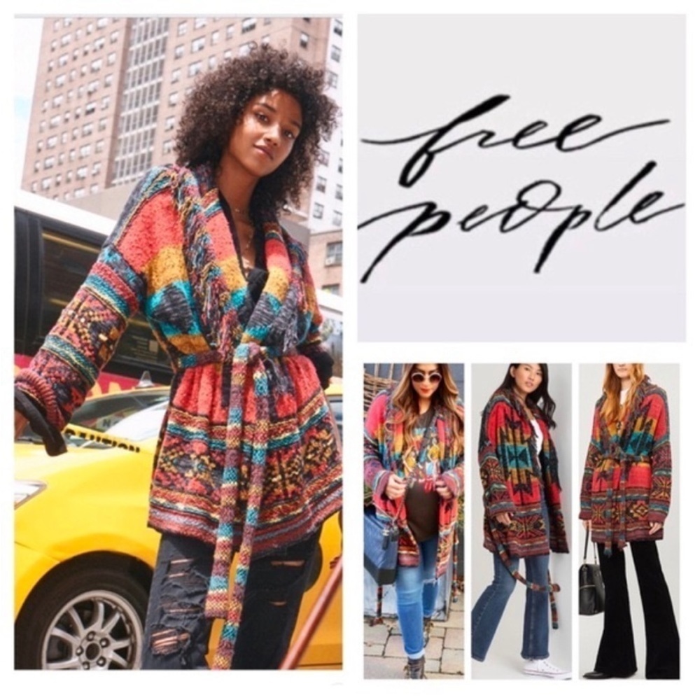 Free People Southwestern Cardigan Duster Jacket Fringe Aztec Size Medium large - Picture 2 of 15